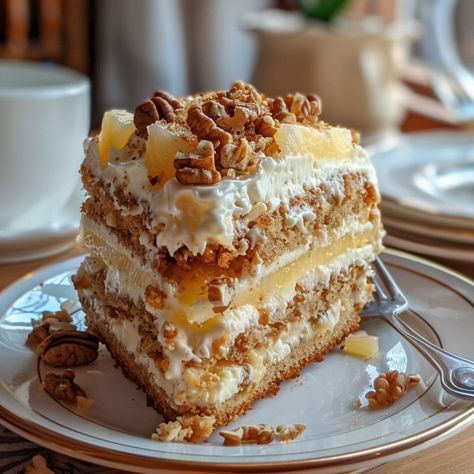 Southern Creamy Pineapple Pecan Cake Recipe Southern Creamy Pineapple Pecan Cake, Southern Birthday Cake, Pineapple Pecan Cake, Creative Snack Ideas, Carmel Cake, Pineapple Cake Recipe, Southern Cake, Appetizers Healthy, Pecan Cheesecake