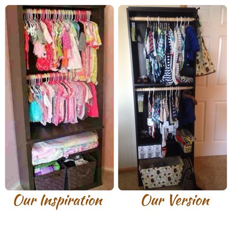 From a Pinterest inspiration. DIY Baby closet from bookshelf. Great for rooms without closets and small spaces. Diy Baby Closet, Baby Closet Storage, Kids Closet Storage, Baby Bookshelf, Clothes Organization Small Space, Baby Nursery Closet, Messy Closet, Nursery Closet Organization, Small Closet Space