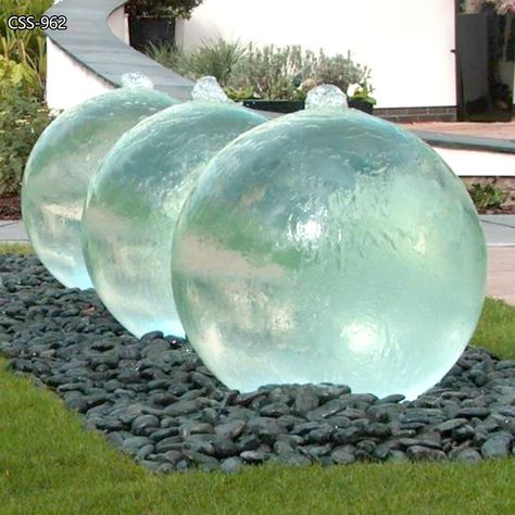 Ball Fountain Outdoor, Sphere Water Fountain, Sphere Fountain Outdoor, Water Fountains Outdoor Front Yards, Outdoor Fountain Ideas, Water Sphere, Front Yard Fountain, Sphere Water Feature, Sphere Fountain