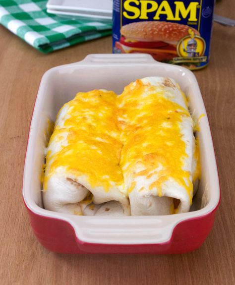 Spam Breakfast Burritos In The Pan Spam Breakfast Ideas, Spam Dishes, Spam Breakfast, Spam Recipes Dinners, Small Recipes, Cold Sandwich Recipes, Freezer Breakfast Burritos, Spam Recipes, Breakfast Burritos Recipe