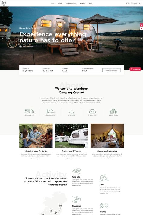 Kamperen is a WordPress theme designed for camping and adventure tourism websites. It is tailored to cater to businesses and organizations related to camping, outdoor activities, adventure sports, and travel. Camping Website Design, Camping Website, Camp Website, Space Website, Tourism Design, Website Layout Inspiration, Mountain Camping, Adventure Tourism, Festival Camping