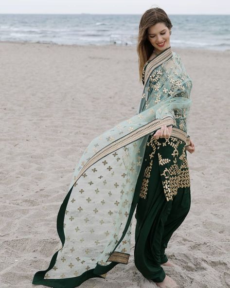 Christine Meier (@bhangrabychristine) • Instagram photos and videos Green Punjabi Suit, Golden Suit, Punjabi Suit, Creative Team, Punjabi Suits, Dark Green, Maxi Skirt, The Beach, Instagram Photos