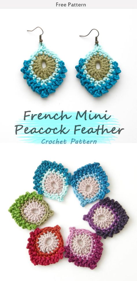 French Mini Peacock Feather Crochet Free Pattern #freecrochetpatterns #peacock #feathers Boho Crochet Earrings Pattern, Micro Crochet Earrings Pattern Free, Feather Crochet, Crochet Peacock, Crochet Shapes, Crochet Feather, Crochet Jewlery, Creeper Minecraft, Crochet Geek