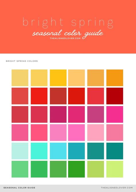 Guide to the Bright Spring Seasonal Color Palette | The Aligned Lover Spring Bright Palette, Spring Color Pallete Outfits, Bright Spring Color Season, Bright Spring Palette Outfits, Bright Spring Fall Outfits, Bright Spring Aesthetic, Bright Summer Palette, Bright Spring Color Palette Clothes, Spring Bright