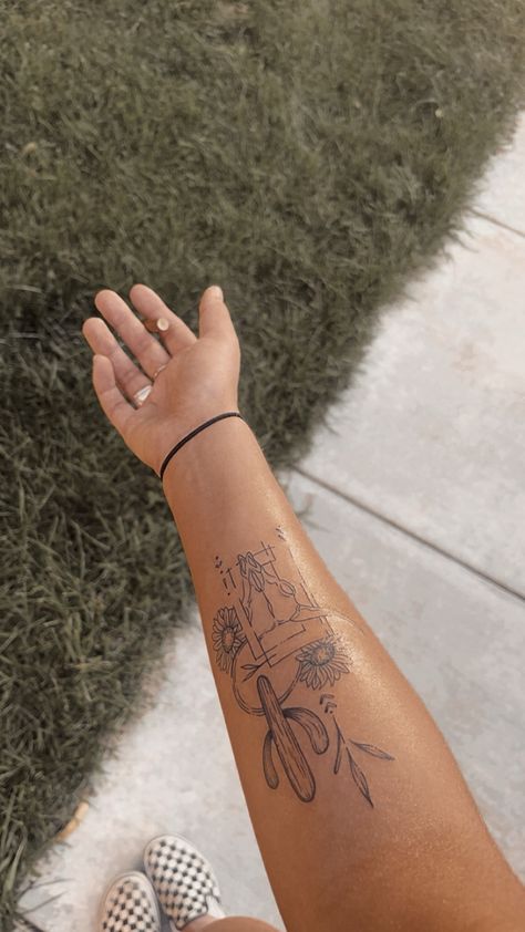 Cactus tattoo | long horn skull tattoo | sunflower tattoo Forearm And Wrist Tattoos, Tatoos Western, Westerns Tattoos, Men’s Sleeve Tattoo Country, Western Wildflower Tattoo, Small Western Hand Tattoos, Western Spine Tattoo Ideas, Back Tattoo Women Western, Western Floral Tattoo Sleeve Ideas