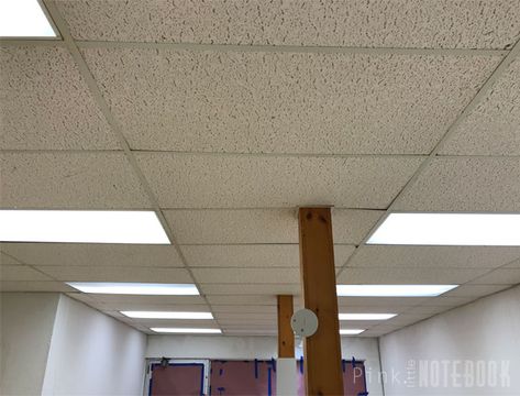 Old, Dated Ceiling Tile—No Problem! Wallpaper On Drop Ceiling Tiles, Cheap Drop Ceiling Ideas, Ceiling Tile Bedroom, Wallpaper Ceiling Tiles, Painted Ceiling Tiles, Painted Drop Ceiling, Painting Ceiling Tiles, Ceiling Tile Makeover, Paint Drop Ceiling Tiles