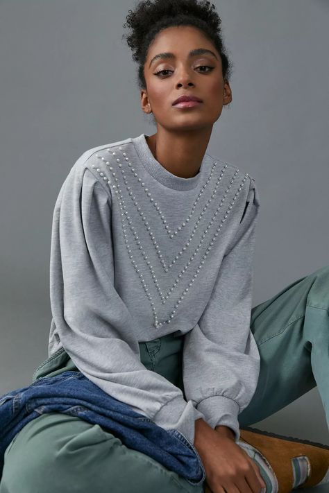 Brianna Embellished Sweatshirt | Anthropologie Feminine Sweatshirt, Chic Embellished Fall Sweater, Embellished Sweatshirt Diy, Embellished Casual Sweatshirt For Fall, Relaxed Fit Embroidered Sweatshirt For Everyday, Casual Embellished Long Sleeve Sweatshirt, Winter Embroidered Sweatshirt Relaxed Fit, Pearl Sweatshirt, Embellished Sweatshirts