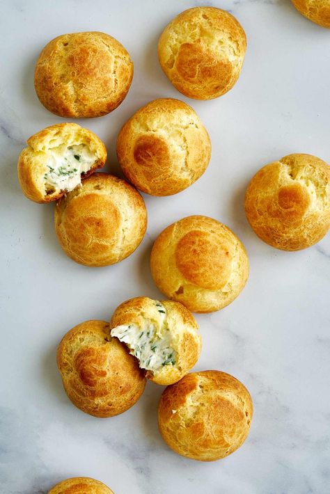 Garlic & Herb Savory Profiteroles - Proportional Plate Choux Pastry Appetizer, Savory Cream Puffs Appetizers, Savoury Cream Puffs, Savory Cream Puffs Filling, Savory Tea Snacks, Savoury Choux Pastry, Savory Fillings For Puff Pastry, Savory Cream Cheese Filling, Savory Choux Pastry