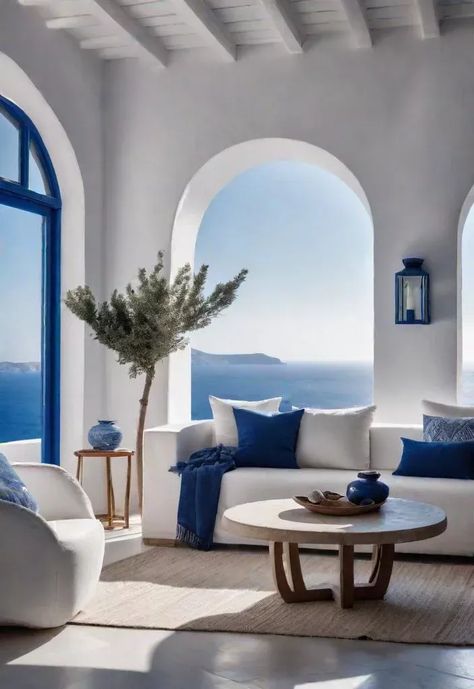 Greek Style Home, Greek Interior Design, Greek Homes, Greece House, Grecia Santorini, Mediterranean Interior Design, Greek Decor, Wall Makeover, Mediterranean Interior