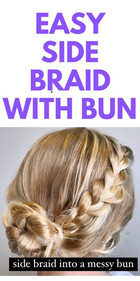 Simple Hairstyle: Cute Braid into a Bun - here is a cute and easy hairstyle for girls. This is a cute braid that wraps into a bun. School hairstyle that can be done in less than a minute. Side Braid To Bun, Easy Braid And Bun Hairstyles, Hair Braid Ideas Medium Length, Side Braid Bun Hairstyles, Mom Braids Easy Hairstyles, Side Braid Into Bun, Hairstyles For School With Braids, Bun With Braid Around It, Easy Braid Updos For Long Hair