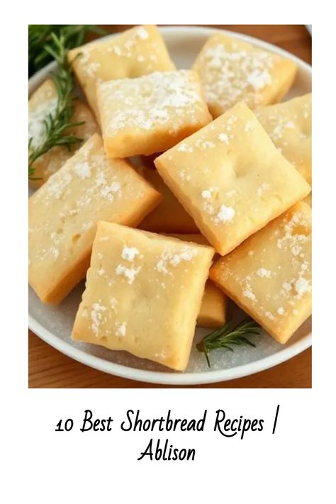 Plate of square shortbread cookies dusted with powdered sugar, garnished with rosemary. Best Shortbread, Homemade Shortbread, Baking Games, Shortbread Recipes, Shortbread Cookies, Taste Of Home, Best Recipe, Food Lists, Baking Sheet