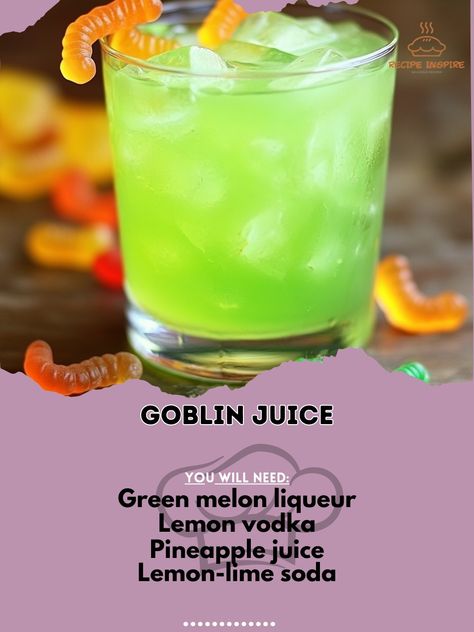 Unleash some spooky fun with our Goblin Juice—an eerie, delightful drink that'll add a touch of magic to your Halloween! 🎃🍸 #HalloweenDrinks #GoblinJuice Goblin Juice Ingredients: Green melon liqueur (1 oz) Lemon vodka (1 oz) Pineapple juice (2 oz) Lemon-lime soda (2 oz) Gummy worms (for garnish) Ice cubes (as needed) Instructions: In a shaker, combine green melon liqueur, lemon vodka, pineapple juice, and ice. Shake well and strain into a glass. Top with lemon-lime soda and garnish with ... Green Goblin Drink, Drinks With Pineapple Juice, Fruit Juice Recipes, Skeleton Crew, Green Melon, Lemon Vodka, Melon Liqueur, Lemon Lime Soda, Gummy Worms