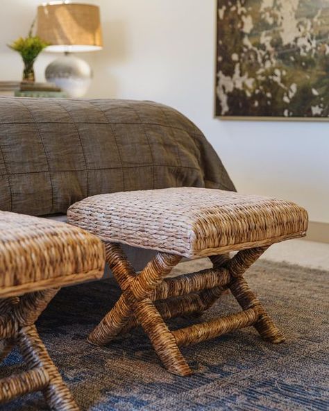 Market by Modern Nest on Instagram: "Our Wicker Stools make for the perfect accent at the foot of a bed. Made of woven hyacinth and wood, these natural beauties blend a unique texture into any space. Tap to shop! . #MNDesertSpanishHideaway" Wicker Stool, End Of Bed Seating Woven, Rattan Upholstered Ottoman, Natural Woven Beach Slides, Bench At Foot Of Bed Ratan, Vanity Stool, Vanity Bench, Wood Furniture, Ottoman