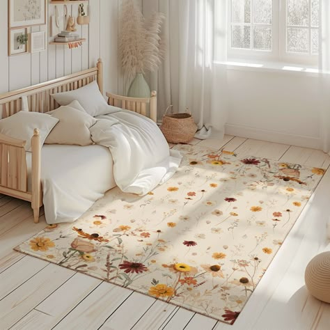 Rectangle Wildflowers Personalized Area Rug, Baby room rug, beige area rug wildflowers theme baby Nursery rug, baby carpet ♥ WHY THIS WILDFLOWERS RUG IS A GREAT BUY? This beautiful Woodland Area Rug is perfect for adding a touch of warmth and coziness to your baby's nursery. The subtle design features delicate colors and patterns that are sure to complement any décor. Made from high-quality materials, this rug is soft and inviting, making it the perfect place for your little one to play or crawl around. Don't forget to complete the look with matching bedding sets from Empowering Decor. ♥ DETAILS - Material(top): polyester; Material(bottom): dotted rubber plastic + oxford fabric. - It looks perfect for living room, bedroom and can be used for home decor. - Anti-slip backing. High quality ep Wild Flower Nursery Theme, Flower Nursery Theme, Wildflower Nursery Theme, Bee Themed Nursery, Baby Nursery Rug, Wild Flower Nursery, Vintage Floral Nursery, Floral Nursery Ideas, Baby Carpet