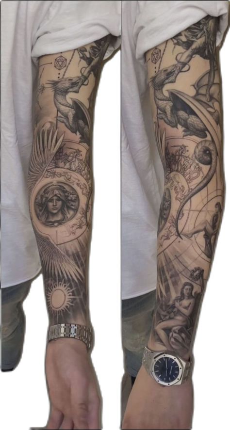 Fine Line Tattoo Sleeve Man, Individual Tattoo Sleeve, Full Sleeve Tattoos Design, Tattoo Inspiration Men Sleeve, Tattoo Sleeve Men Design, Mixing Tattoo Styles, Male Forearm Tattoo Ideas, Dövme Tasarımları Erkek, Full Arm Tattoo Men