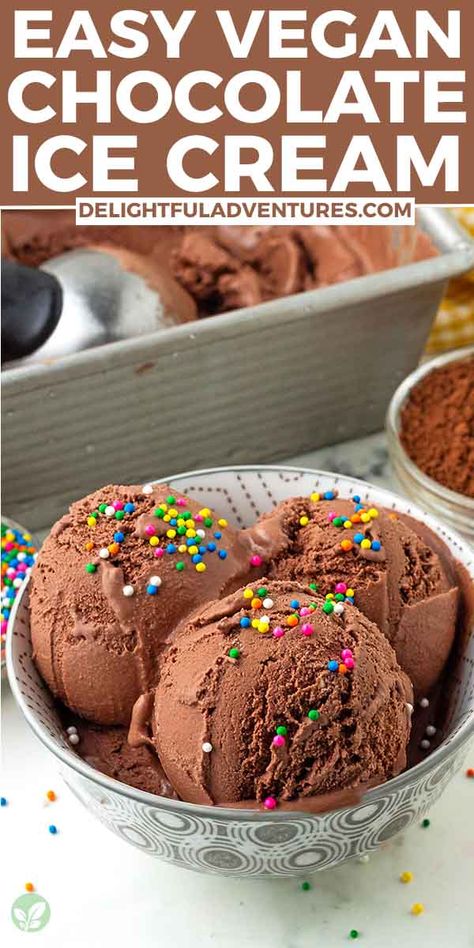 Indulgent, rich, and velvety homemade vegan chocolate ice cream that beats anything store-bought! With just a few ingredients and an ice cream maker / churn, you can whip up this creamy, melt-in-your-mouth treat that’s easy to scoop—never icy. It's completely dairy-free with no eggs, bananas, or nuts, and so delicious that no one will ever know it’s vegan. Vegan Chocolate Ice Cream Recipe, Homemade Vegan Chocolate, Vegan Chocolate Ice Cream, Banana Ice Cream Vegan, Healthy Homemade Ice Cream, Chocolate Frosty, Cuisinart Ice Cream Maker, Vegan Ice Cream Recipe, Vegan Whipped Cream