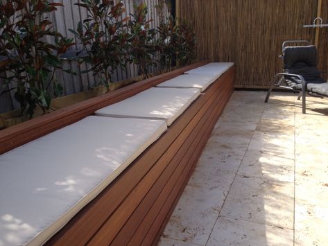 Outdoor Bench Seat With Storage, Outdoor Wall Bench Seating, Garden Storage Bench Seating, Pool Deck Bench Ideas, Diy Garden Bench Seating, Bench Seating Garden, Built In Bench Outdoor Seating, Bench Seat Pool Area, Bench Seat On Deck