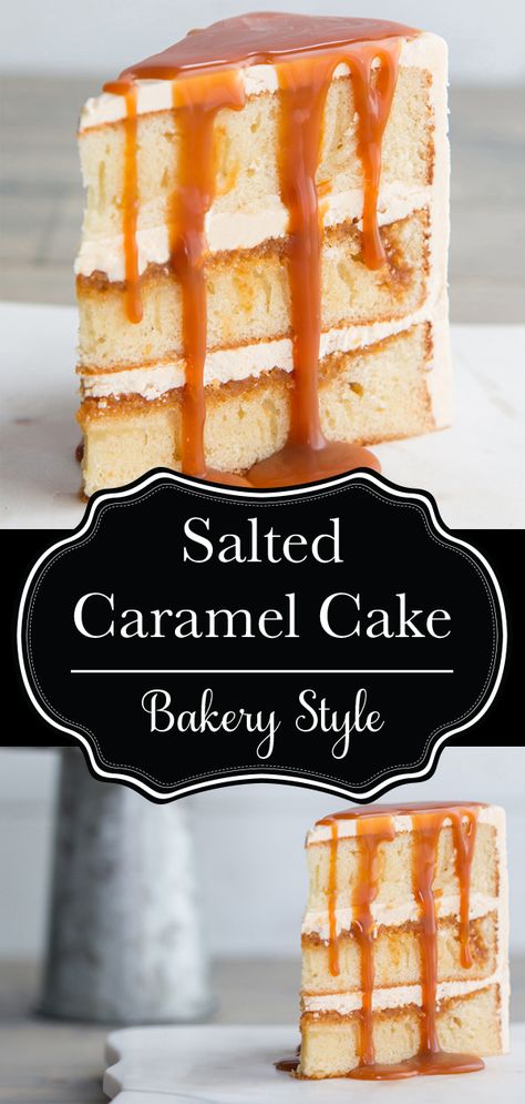 Salted caramel bakery style cake. Moist vanilla cake with a salted caramel meringue buttercream, and a salted caramel sauce. This is the cake I make for myself every year for my birthday! I used to pay $80 for an 8" cake like this from a bakery, then I made my own copycat version and it is EXACTLY the same!  #saltedcaramelcake #buttercream #meringuebuttercream #saltedcaramelbuttercream #vanillacake #caramelsauce #bakerystyle #copycat #birthdaycake #cake #dessert #recipe #delicious #food Caramel For Cake Filling, Homemade Cake With Filling, Vanilla Cake With Caramel Filling, Caramel Filled Cake, Salted Caramel Mousse Cake, Vanilla Cake With Filling Ideas, Carmel Cake Filling Recipes, Easy Salted Caramel Cake, Caramel Cake Filling Recipe