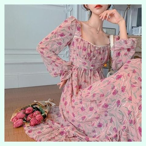 Korean Dress Elegant, Rose Floral Dress, فستان زهري, Elegant Floral Dress, Flowery Dress, Sophia Dress, Vestidos Color Rosa, Long Dresses Elegant, Cottagecore Fashion