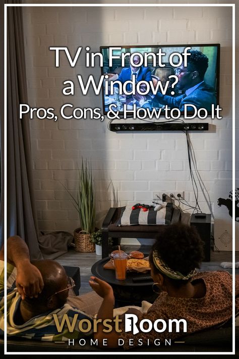 TV in Front of a Window? Pros, Cons, & How to Do It Tv Stand In Front Of Window Living Room, Tv In Front Of Windows Living Room, Tv Opposite Window, Tvs In Front Of Windows, Tv Unit In Front Of Window, Tv Near Window, Tv In Front Of Curtains, Tv By Window, Tv Stand In Front Of Window