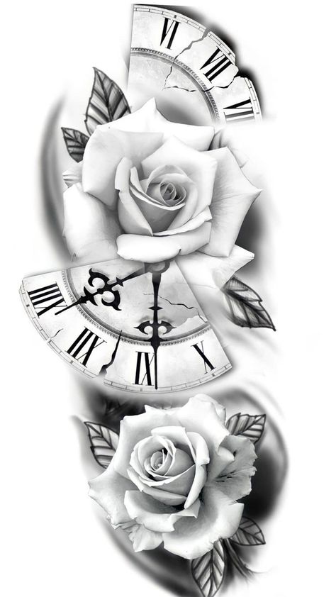 Family Tattoo Ideas For Men And Women, Rose And Clock Tattoo Stencil, Clocks And Roses Tattoo, Rose And Clock Tattoo Design, Clock Design Tattoo, Tattoo Clock Design, Rose Drawing Tattoo Realistic, Rose Clock Tattoo Design, Clock Rose Tattoo Design