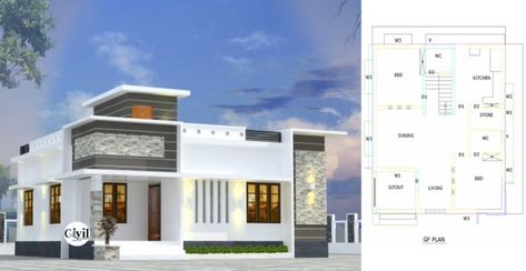 700 Sq Ft 2BHK Contemporary Style Single-Storey House And Free Plan - Engineering Discoveries 700 Sq Ft House Plans 2 Bedroom, 700 Sq Ft House Plans, 700 Sq Ft House, Cottage Architecture, Budget House Plans, 2bhk House Plan, Home Gym Design Garage, Kerala House, Kitchen Technology