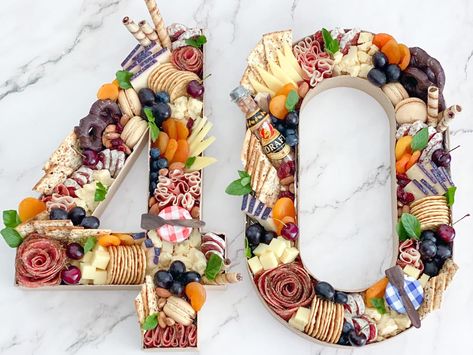 40th Food Ideas, Charcuterie Board For 40th Birthday, Charcuterie Board For 30th Birthday, 40th Birthday Desert Table, 40th Birthday Brunch For Men, 40 Birthday Charcuterie Board, Number 40 Charcuterie Board, Rock And Roll Charcuterie Board, 3rd Birthday Charcuterie Board