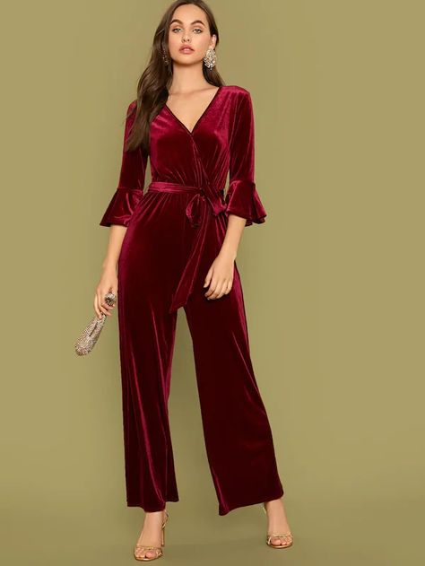 Self Belted Flounce Sleeve Wide Leg Velvet Jumpsuit | SHEIN USA Velvet Jumpsuit Outfit, Red Velvet Jumpsuit, Style Inspiration Grunge, Burgundy Jumpsuit, Fashion Dresses Formal, Velvet Jumpsuit, Designer Jumpsuits, Velvet Fashion, Flounce Sleeve