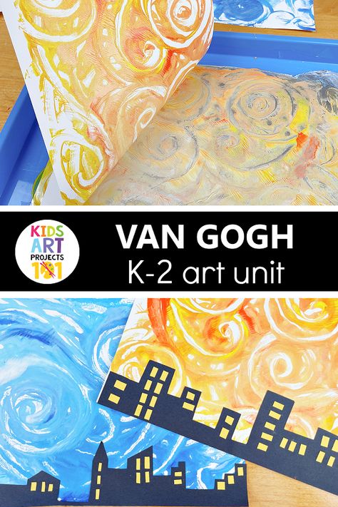 Van Gogh Starry Night Art Project for Kids Van Gogh Art Projects For Kids, Van Gogh Art Lesson, Van Gogh For Kids, Grade 1 Art, Elementary Art Classroom, Art Unit, Art Shelf, Kindergarten Art Lessons, Art Project For Kids