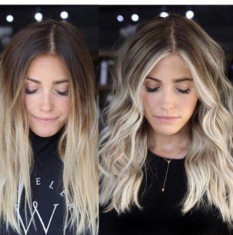 Transitioning Brunette To Blonde, Dark And Light Contrast Hair, Cool Tone Blonde With Shadow Root, Brunette To Blonde Balayage Hair Before And After, Blonde Balayage Refresh, Balayage Hair Blonde Side Part, Long Root Balayage, Byalouge Hair Blonde, Ash Brown Base With Blonde Highlights