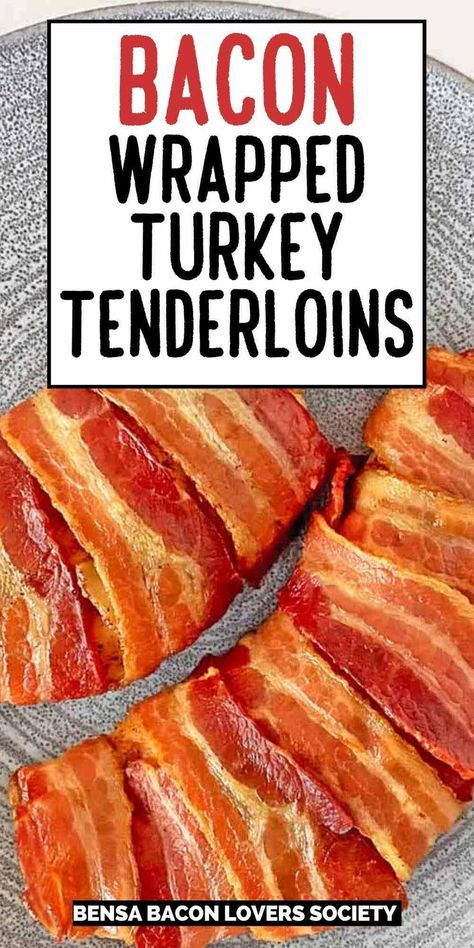 This easy Bacon Wrapped Turkey Tenderloins recipe only takes about an hour to make! Perfect proportions for a smaller Thanksgiving dinner or holiday party, the savory turkey is seasoned, wrapped in tasty bacon, and oven cooked to golden brown, crispy perfection! #turkeytenderloin Bacon Wrapped Turkey Tenderloin, Turkey Tenderloin Recipes Oven, Smoked Turkey Tenderloin, Bacon Thanksgiving Recipes, Turkey Wrapped In Bacon, Asparagus Bacon Wrapped, Turkey With Bacon, Stuffing With Bacon, Bacon Dinner Recipes