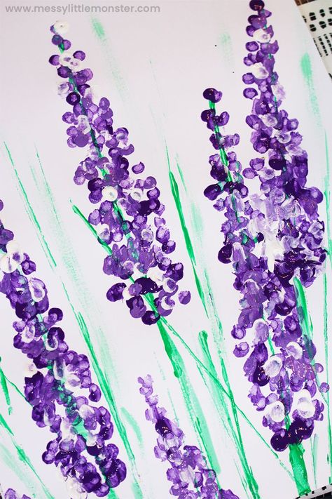 How to paint lavender Cotton Bud Painting Flowers, Cotton Bud Painting Ideas, Cotton Dabbing Painting, Earbud Painting For Kids, Q Tip Flowers, Dab Painting, Impressionist Paintings Easy, Painting With Q Tips, Qtip Art