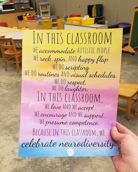 I worked on printing a few new posters today that I'm excited to hang in my classroom, outside my door, and in our sensory/movement room… Neurodiversity Affirming Classroom, Neurodivergent Classroom, Presume Competence, Neurodiversity Affirming, Music Therapy Interventions, Sign For Classroom, Harmony Music, Visual Schedules, Mental Health Facts