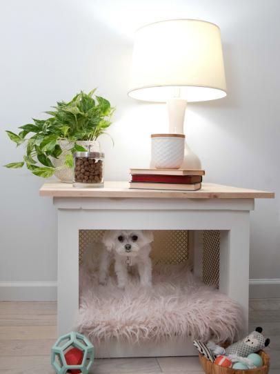 Dog Bed Made From Upcycled End Table Table Dog House, Night Stand Pet Bed, Dog Side Table, Dog Bed Bedside Table, Night Stand Dog Bed, Upcycle End Table, Dog Bed Table, Doggie Bedroom, Dog Bed End Table