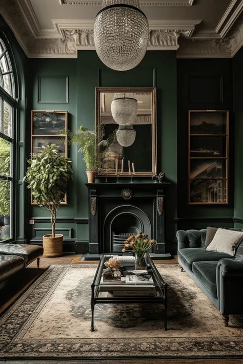 Dark Living Room Ideas, Dark Green Living Room, Green Accent Walls, Dark Green Walls, Rooms Design, Dark Living Rooms, Color Coordination, Green Lamp, Cosy Spaces