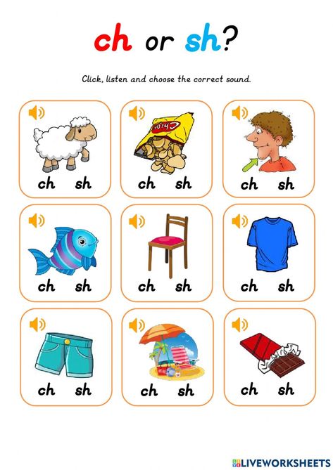 Phonics: ch - sh worksheet Reading For Grade 1 For Kids, Th Phonics Worksheet, Worksheet For Sr Kg English, Diagraph Worksheet For Kids, Phonograms Worksheets, Ch Sound Worksheets, Ch Words Worksheets, Ee Worksheets, Ch Worksheet