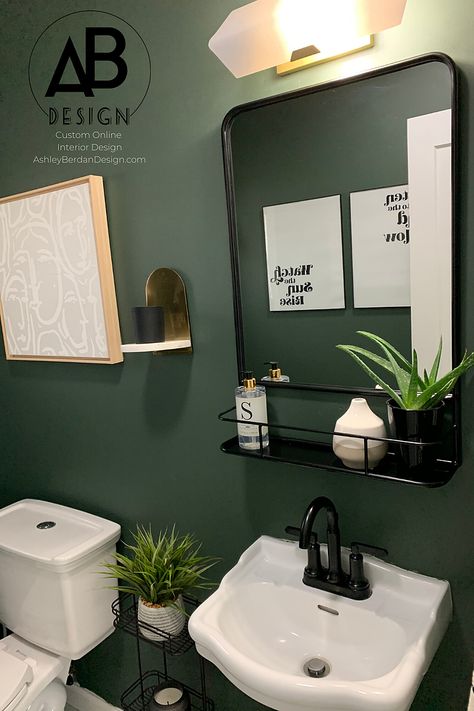 Emerald Green Accent Wall Bathroom, Matte Green Paint, Forest Green And Grey Bathroom, Dark Green Shower Room, Card Room Green Bathroom, Green Bathroom Black Floor, Emerald Green Powder Room Ideas, Green Bathroom Black Vanity, Dark Green And Black Bathroom Ideas