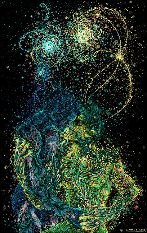 Swirling Illustrations by James R. Eads Explore Human Connections and the Natural World | Colossal James R Eads, Art Amour, Twin Flame Art, Flame Art, Psy Art, Shiva Shakti, Visionary Art, Human Connection, Spiritual Art