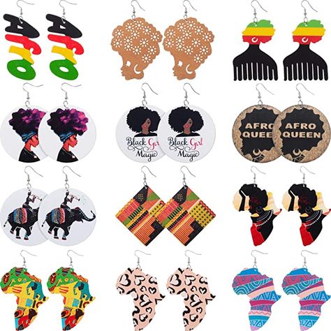 Amazon.com: 12 Pairs African Map Wooden Earrings African Women Dangle Earrings Natural Ethnic Earrings (African Afro Styles): Clothing, Shoes & Jewelry Map Wood, African Map, African Earrings, Painted Earrings, Exotic Fashion, Women Earrings, Ethnic Earrings, African Elephant, Colorful Earrings