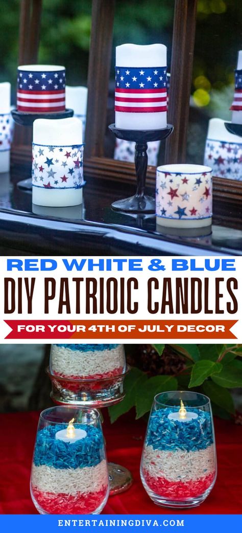 5 Easy And Inexpensive Ways To Make 4th of July Candles | Holidays and Events 4th Of July Decor Ideas, 4th Of July Party Ideas Decorations, 4th Of July Diy Decor, Diy 4th Of July Decorations, Patriotic Decor Ideas, Patriotic Table Decor, American Flag Diy, Simple Table Decorations, Summer Outdoor Decor