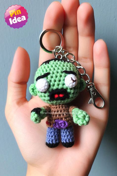 Zombie Amigurumi Crochet Zombie Pattern Free, Zombie Crochet, Tattered Clothes, Bubble Crochet, Crochet Zombie, Halloween Amigurumi, Amigurumi Keychain, Crochet Accessory, Green Skin