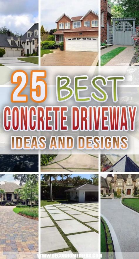 Concrete Driveway Landscaping Ideas, Driveway Remodel Before And After, Concrete Design Driveway, Curved Driveway Ideas Front Yard Landscaping, Modern Driveways Concrete, Blacktop Driveway Ideas, Stamped Driveway Ideas, Ideas For Driveways, Concrete Driveway Alternatives