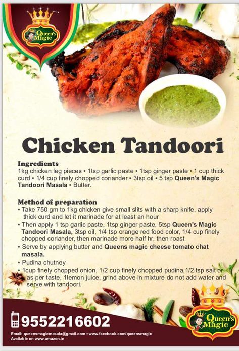 Chicken Tandoori Recipe by Queen's Magic Masala Indian Chicken Tandoori, Tandoori Masala Recipe, Chicken Tandoori Recipe, Chicken Seasoning Recipes, Chicken Starter, Mauritian Food, Menu Recipe, Chicken Tandoori, Chicken Starter Recipes