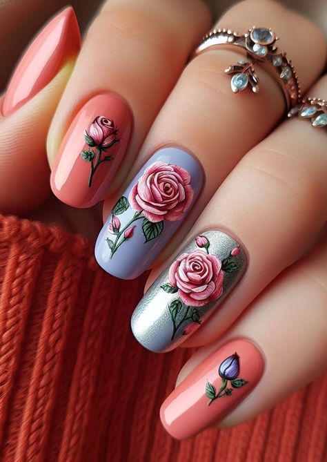 Pastel roses on your nails? Yes, please! This delicate design is perfect for a chic and serene look. Rose On Nails, Red Rose Nail Art, Rose Nail Designs, Rose Nail Art Designs, Rose Nail Design, Navy Blue Nails, Rose Nail Art, Golden Copper, Nails Jewelry