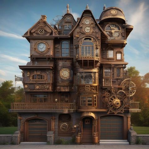 Steampunk House Exterior, Steampunk Concept Art, Steampunk Village, Steampunk Concept, Steampunk Building, Fantasy Dwellings, Steampunk Interior, Steampunk Furniture, Pagoda Lanterns