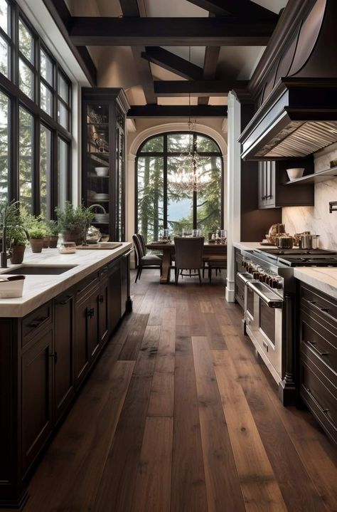 Dark House Kitchen, Black Homes With Wood Accents, Small Black And Wood Kitchen, Dark Wood Aesthetic House, House With Plants Aesthetic, Black Barndominium Interior Ideas, Moody Barndominium Interior, Outside House Design, Barndominium Kitchen Black