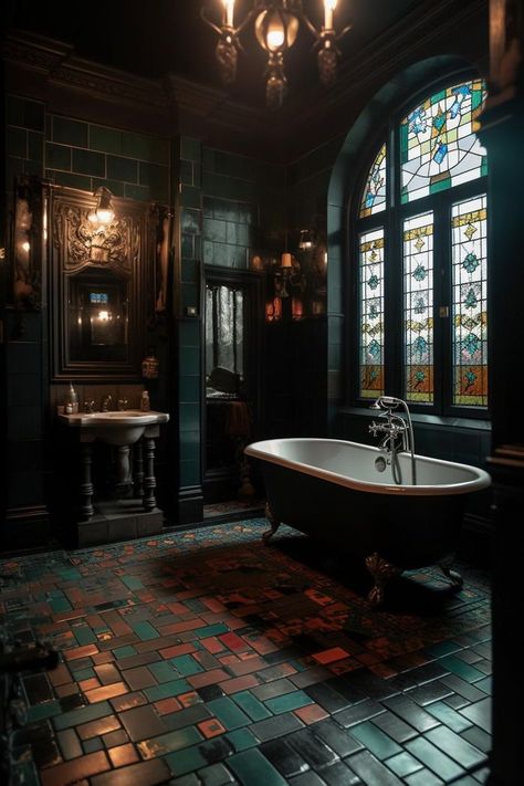 Dark Academia Interior Design Bathroom, Clawfoot Tub Aesthetic, Moody Eclectic Bathroom, Dark Themed Bathroom, Dark Academia Aesthetic House, Victorian Gothic Bathroom, Gothic Victorian House Interior, Dark Goth Aesthetic, Dark Academia Bathroom