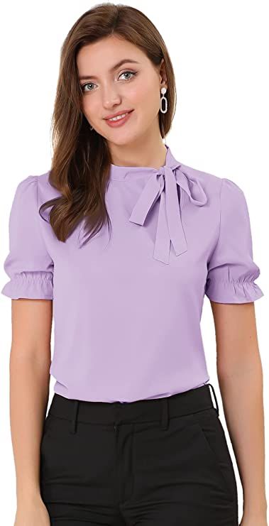 Allegra K Women's Bow Tie Neck Tops Elegant Office Short Sleeve Blouse at Amazon Women’s Clothing store Top For Office Wear, Elegant Shirts For Women, Bow Tie Neck Dress, Vintage Sleeveless Top, Short Sleeve Work Blouse, Corporate Tops Blouses, Corporate Blouse Office Wear, Official Tops For Ladies, Formal Short Sleeve Blouse