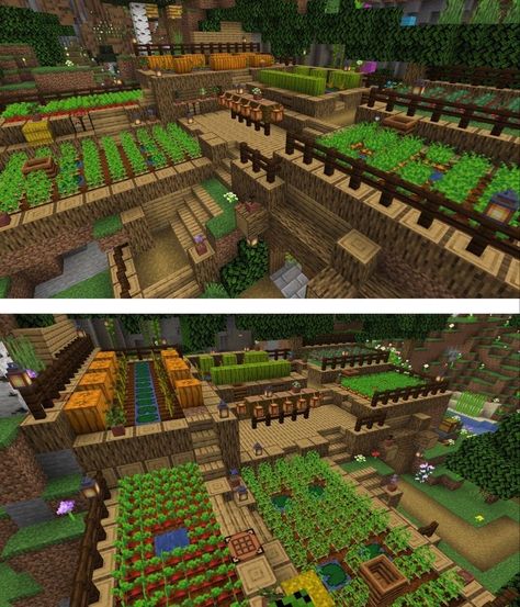 Minecraft Farm On Hill, Minecraft Hillside Farm, Minecraft Melon Farm Design, Pumpkin And Watermelon Farm Minecraft, Minecraft Water Farm, Sugarcane Farm Minecraft Aesthetic, Potato Farm Minecraft, Minecraft Cocoa Bean Farm, Minecraft Sweet Berries Farm