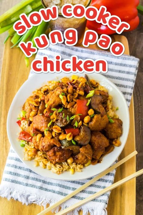 Slow Cooker Kung Pao Chicken - Life With The Crust Cut Off Crockpot Kung Pao Chicken, Kung Pao Chicken Crockpot, Kung Pao Chicken Instapot, Homemade Kung Pao Chicken, Kung Pow Chicken, Pf Chang’s Kung Pao Chicken, Crockpot Meat, Kung Pao Chicken Recipe, Chicken Life